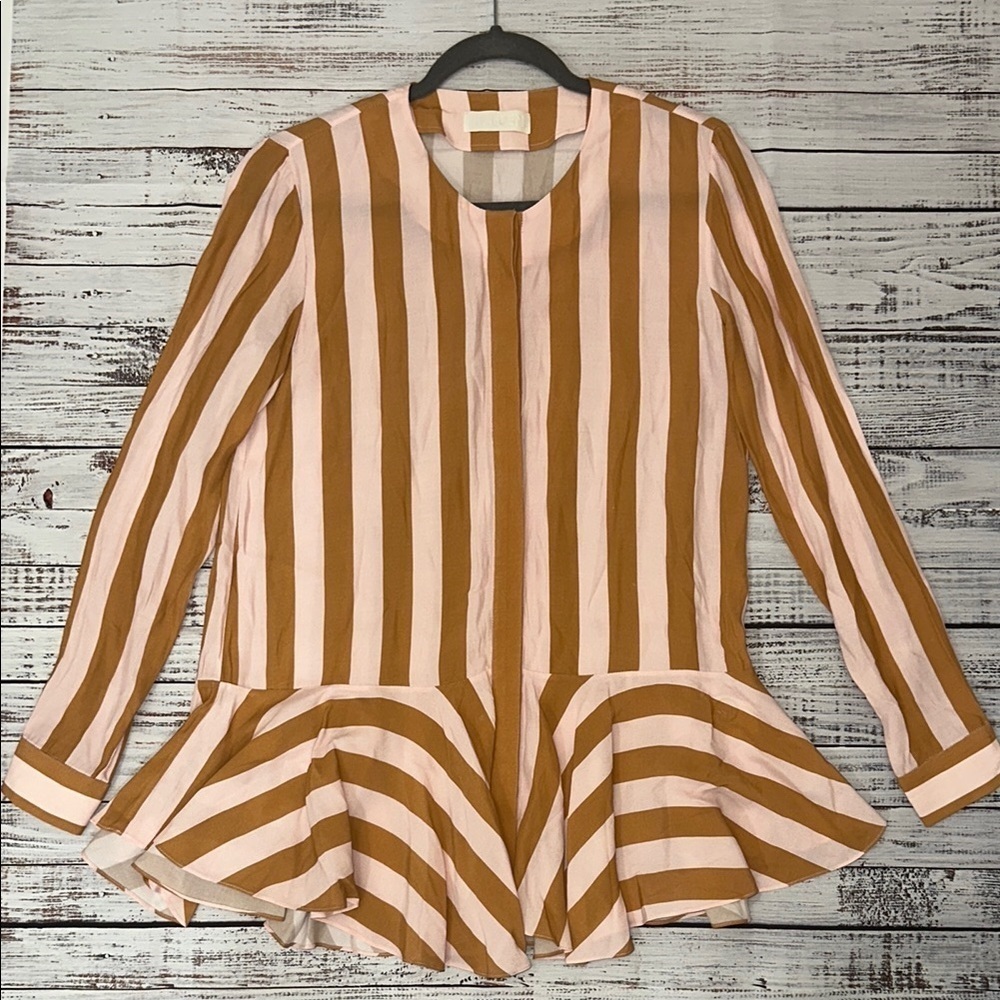KAELEN Brown and Pinkโ Peplum Blouse with Mandarin Collar